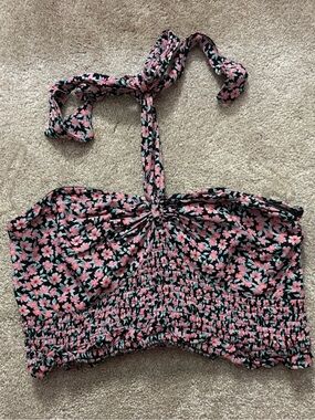 American Eagle Floral Halter Smocked Crop Top Sz M